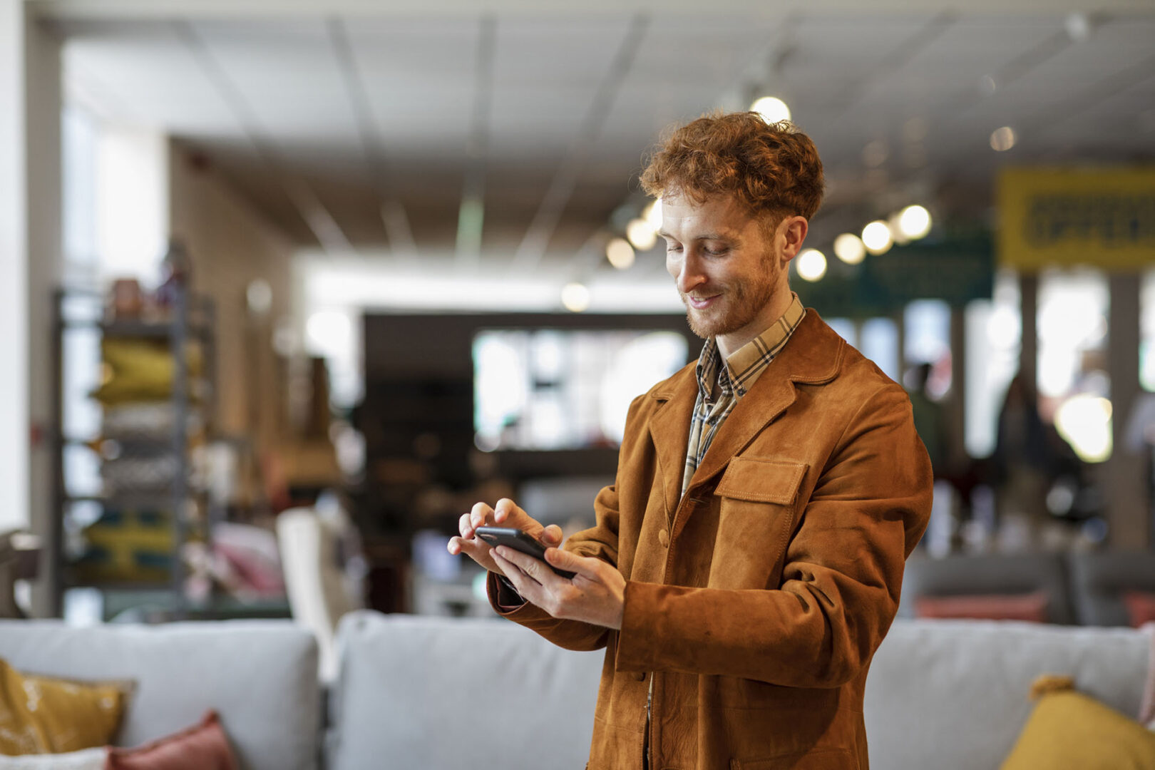A selective focus of a man with red hair stood looking at his phone as he shops in a furniture department store in Newcastle upon Tyne in the North East of England.