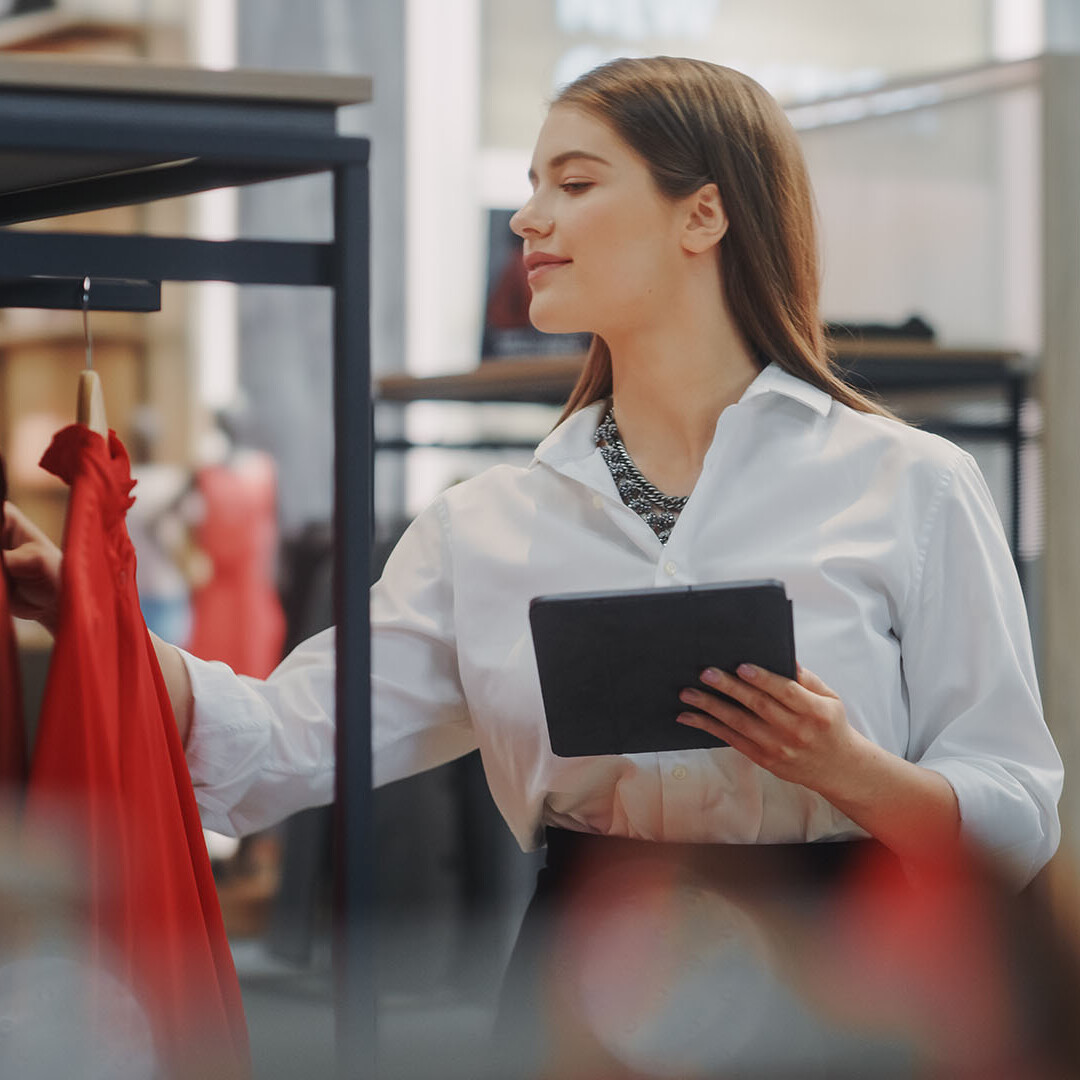 Clothing Store: Businesswoman and Visual Merchandising Specialist Uses Smartphone To Create Stylish Collection. Fashion Shop Sales Retail Manager Checks Stock. Small Business Owner and Designer Works